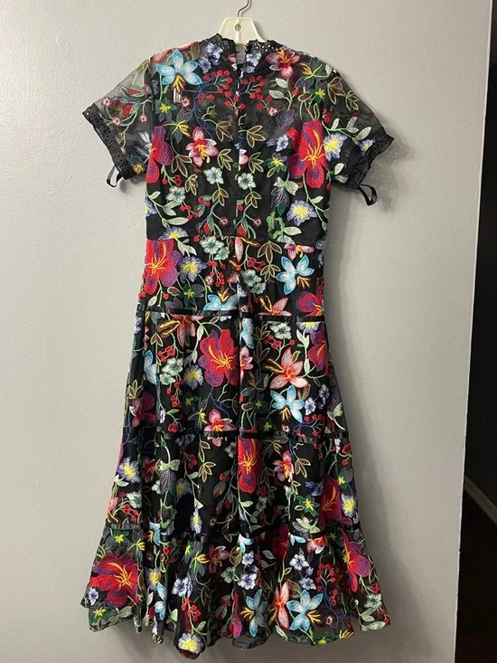 Anthropologie Janine Embroidered Dress features a high neck, sheer cap sleeves 6 - Picture 8 of 9